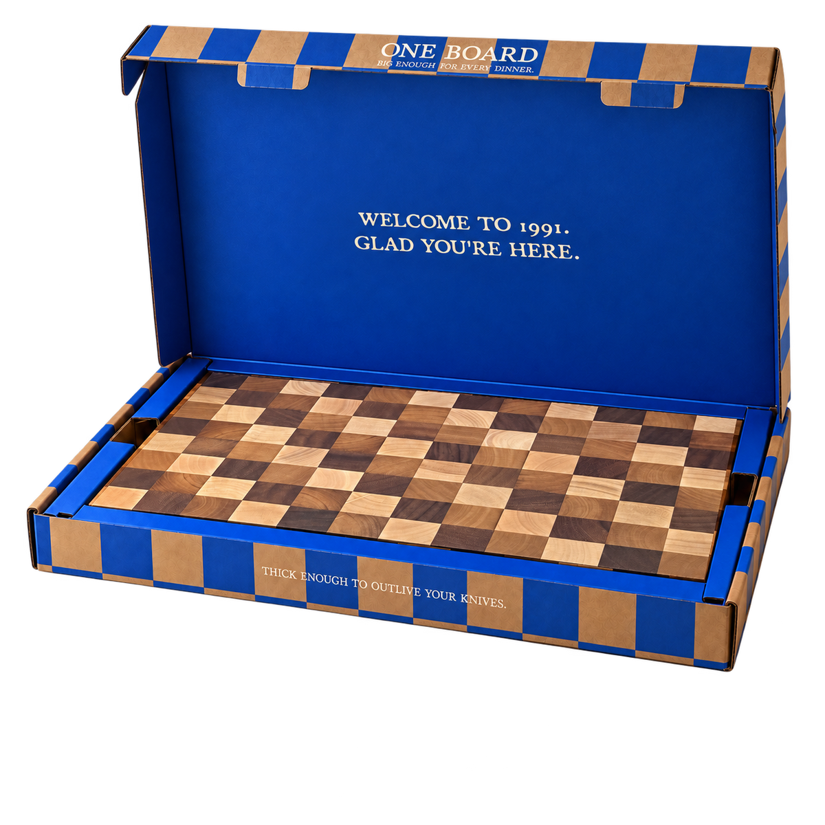 ONE BOARD Checker w otwartym pudełku 1991 w niebiesko-kraftową szachownicę.